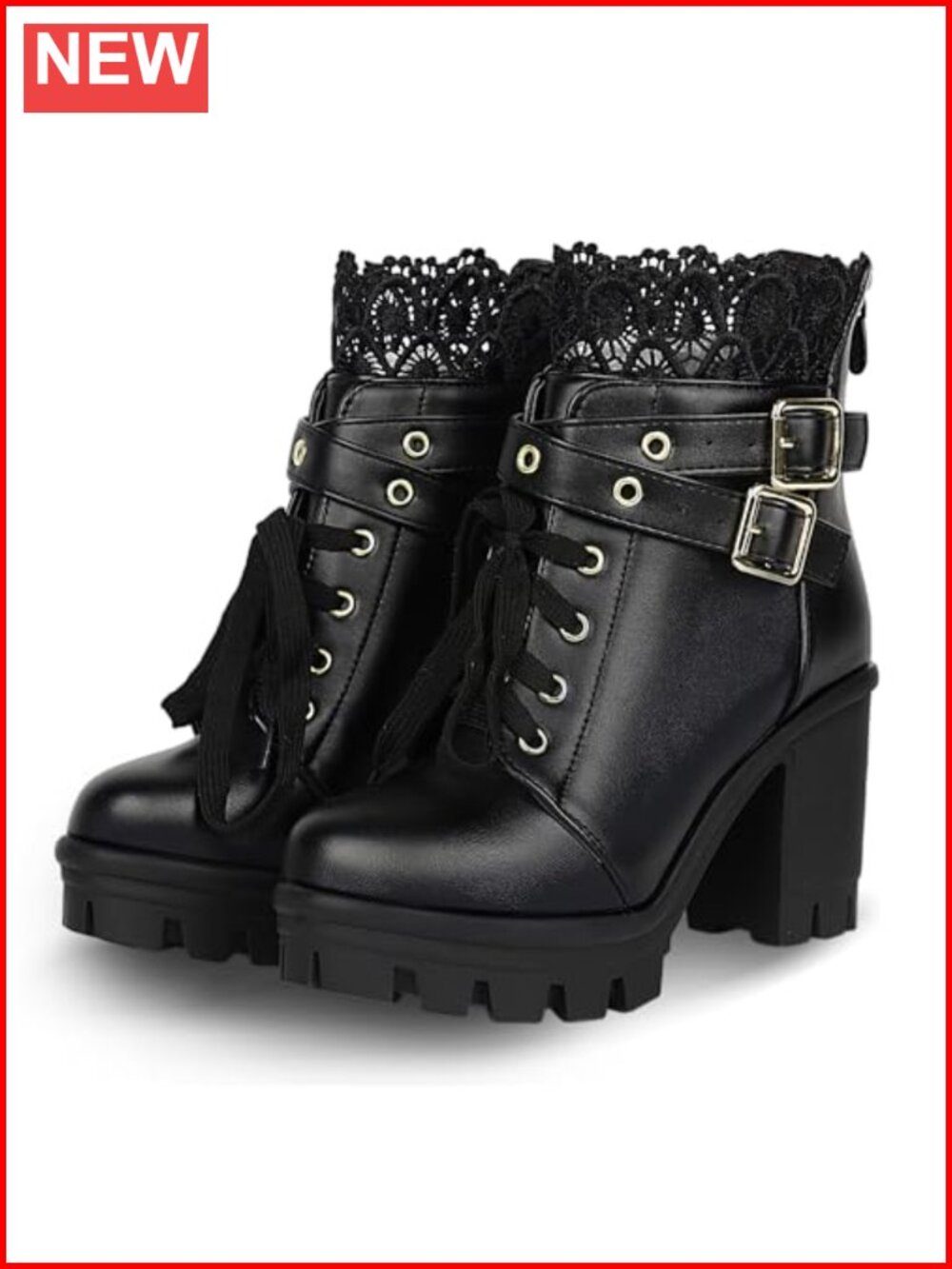 Lace Up Chunky Ankle Boots Platform Gothic Chunky Heel Faux Leather